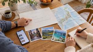 A couple comparing travel dates with a calendar, map and photographs of Japanese cities, mountains and coastline