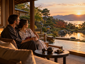 Couple enjoying a quiet evening on the terrace of a traditional Japanese ryokan