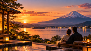 Japanese hot spring inn at sunset with a view of Mount Fuji