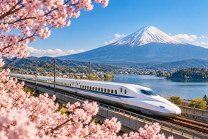 Shinkansen bullet train passing cherry blossoms with Mount Fuji in the background