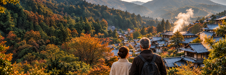 Traditional homes surrounded by wooded Japanese hills